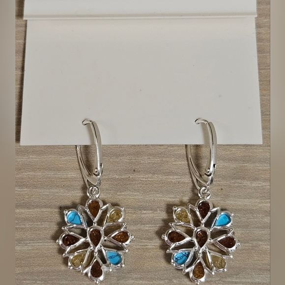 MIDWEST AMBER STERLING SILVER GENUINE AMBER BALTIC SEA TURQUOISE FLOWER EARRINGS - Picture 3 of 6